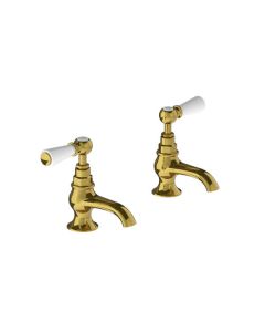 Lefroy Brooks Classic White Lever Basin Pillar Taps - Antique Gold - Small Image