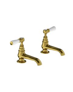 Lefroy Brooks Classic White Lever Long Nose Basin Pillar Taps - Antique Gold - Small Image