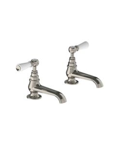 Lefroy Brooks Classic White Lever Long Nose Basin Pillar Taps - Nickel - Small Image
